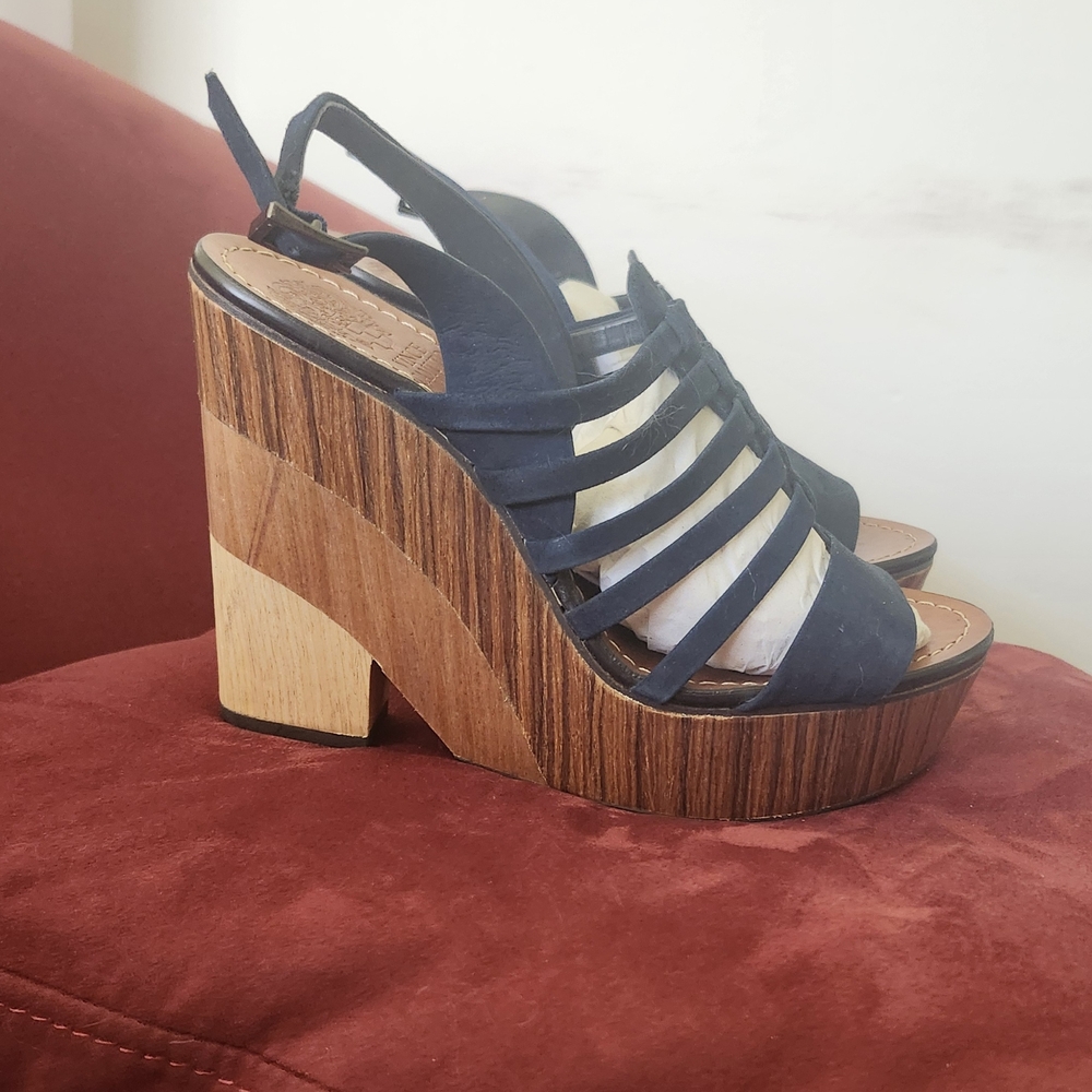 New-Vince Camuto Onia Blue Suede Platform Sling Back Heel Wedge Sandals Size8.5M - Picture 4 of 11